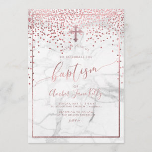 Invitation PixDezines Marble+Faux Roses Gold Dots/Baptême