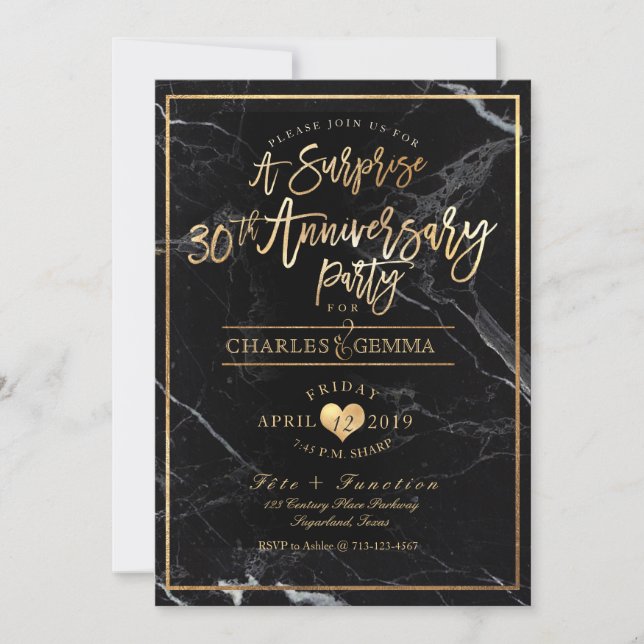 Invitation PixDezines Marble+Gold/30e Anniversaire Surprise (Devant)