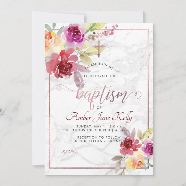 Invitation PixDezines Marbre+Aquarelle Fleurs/Baptême (Devant)