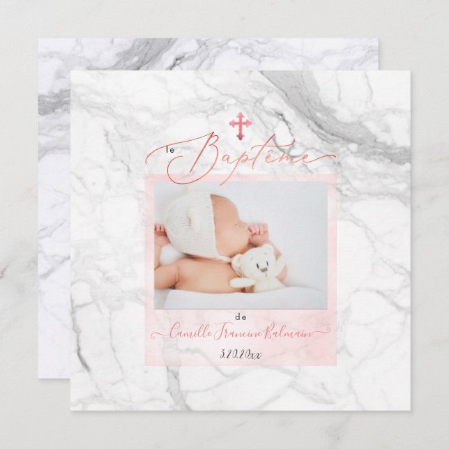 Invitation PixDezines Marbre Blanc, Baptême Fille (Devant / Derrière)