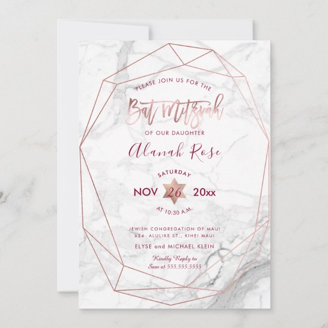 Invitation PixDezines Marbre blanc Bat mitzvah/Rose Gold (Dos)