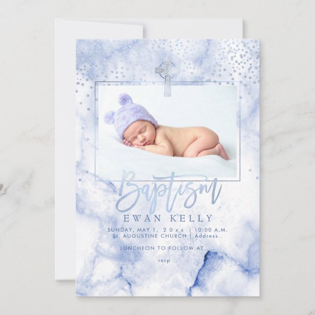 Invitation PixDezines Marbre Bleu+Confetti/Baptême (Devant)