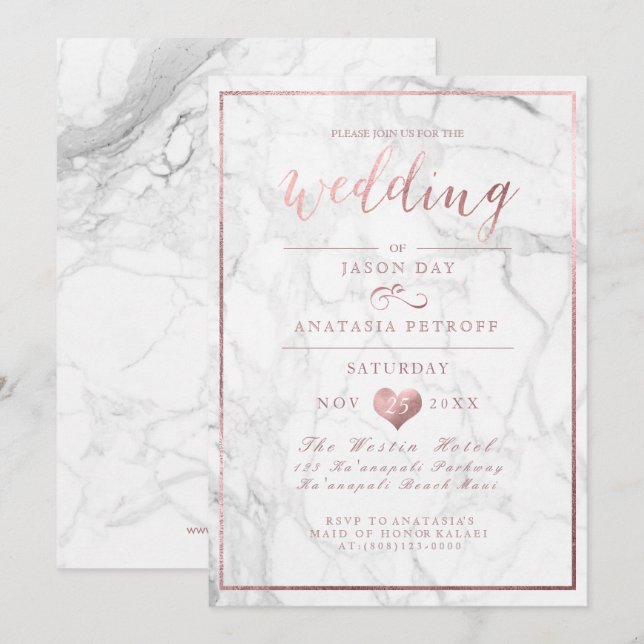 Invitation PixDezines Marbre/Faux Rose Gold/Mariage (Devant / Derrière)