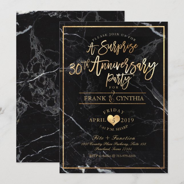 Invitation PixDezines Marbre/Or Faux/Soirée d'anniversaire (Devant / Derrière)