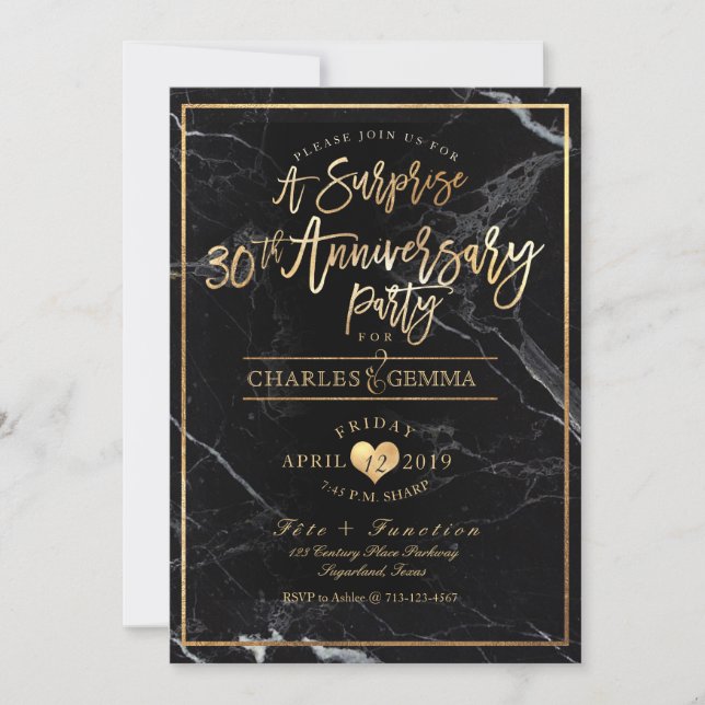 Invitation PixDezines Marbre+Or/Surprise 30e Anniversaire (Devant)