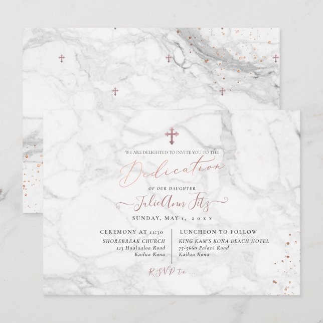 Invitation PixDezines Marbre Rose Gold Dedication (Devant / Derrière)