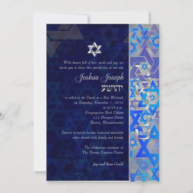 Invitation PixDezines mod stars/Bar Mitzvah/bleu foncé/argent (Devant)
