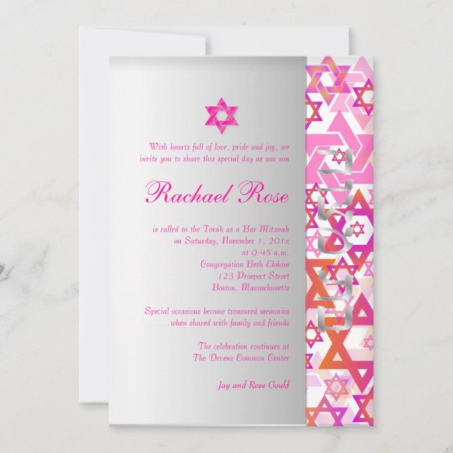 Invitation PixDezines mod stars/Bar Mitzvah/hot rose/argent (Devant)