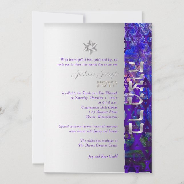 Invitation PixDezines mod stars/Bar Mitzvah/violet/argent (Devant)