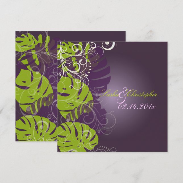 Invitation PixDezines MONSTERA+SWIRLS PURPLE+GREEN (Devant / Derrière)