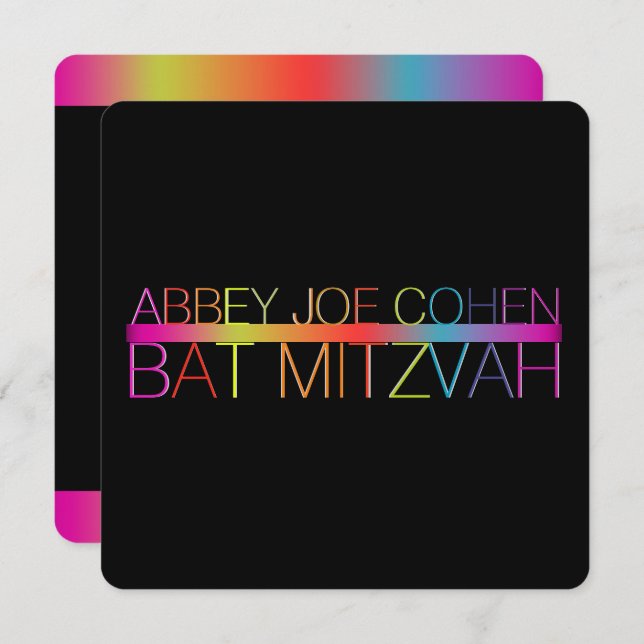 Invitation PixDezines néons/typographie/bat mitzvah (Devant / Derrière)