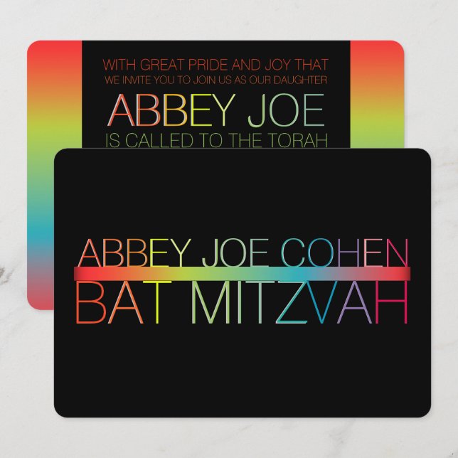 Invitation PixDezines néons/typographie/bat mitzvah (Devant / Derrière)