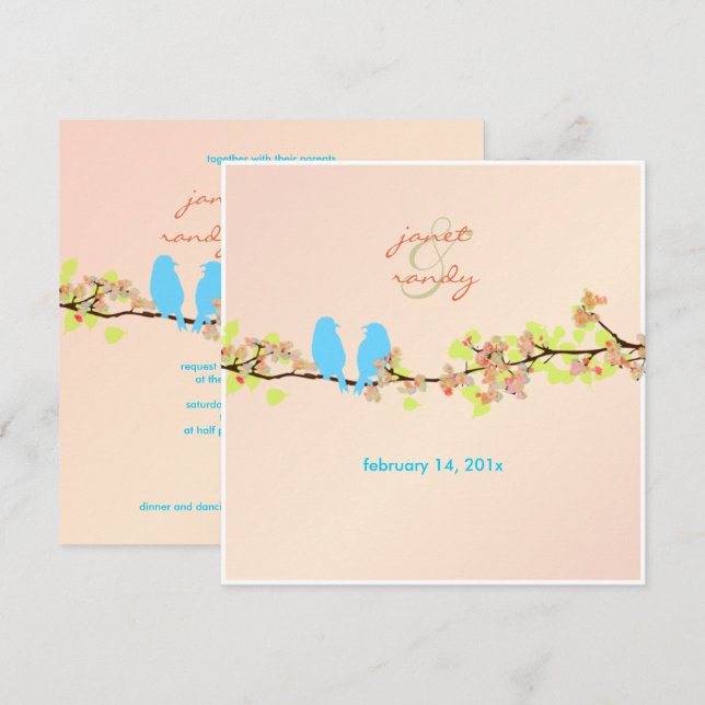 Invitation PixDezines OISEAUX D'AMOUR/BLEU/FOND DIY (Devant / Derrière)