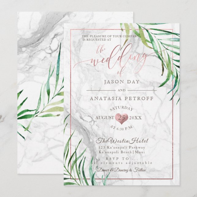 Invitation PixDezines Palmes de verdure+Marbre+Coeur d'or Ros (Devant / Derrière)