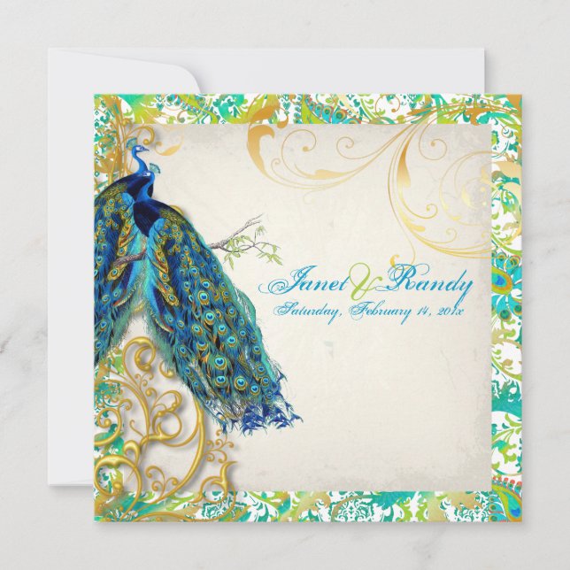 Invitation PixDezines paon plumes/aqua/turquoise (Devant)