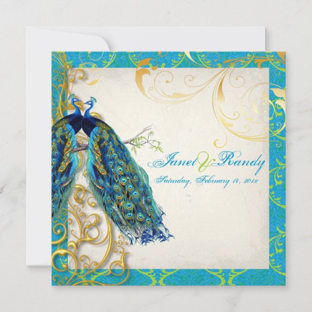 Invitation PixDezines paon plumes/aqua/turquoise (Devant)
