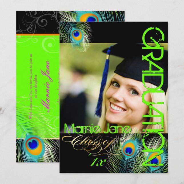 Invitation PixDezines Peacock Green Peacock Graduation (Devant / Derrière)