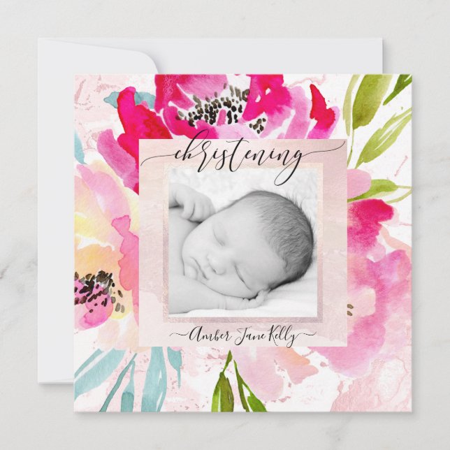 Invitation PixDezines Photo Christening Watercolor Flowers (Devant)