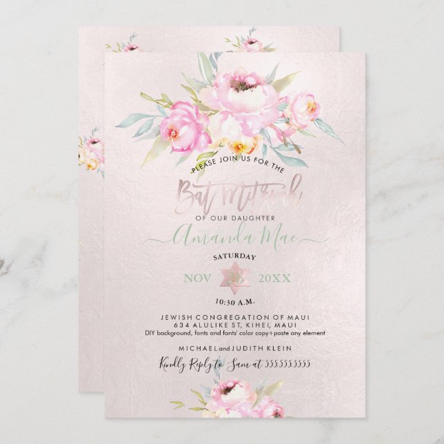 Invitation PixDezines Pink Peonies Bat mitzvah d'aquarelle (Devant / Derrière)