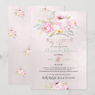 Invitation PixDezines Pink Peonies Bat mitzvah d'aquarelle