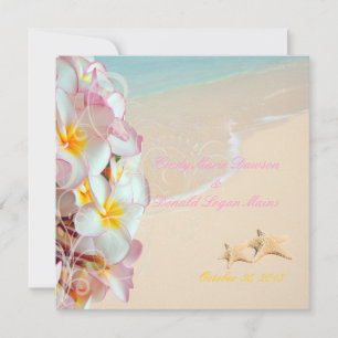 Invitation PixDezines PINK PLUMERIA+STARFISH+SWIRLS+BEACH