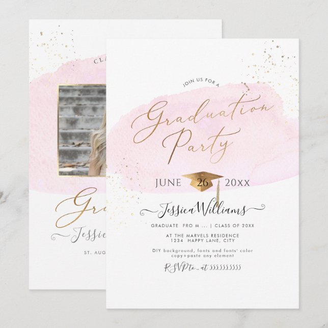 Invitation PixDezines Pink Watercolor Swatch Graduation (Devant / Derrière)