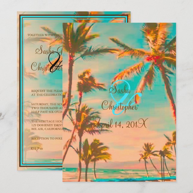 Invitation PixDezines PLAGE HAWAIIAN VINTAGE/TURQUOISE (Devant / Derrière)