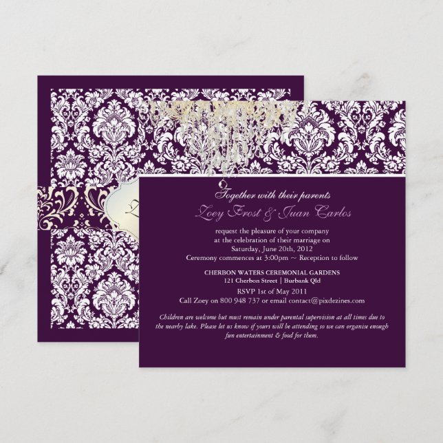 Invitation PixDezines Plum Moiré Damask/lustre de cristal (Devant / Derrière)