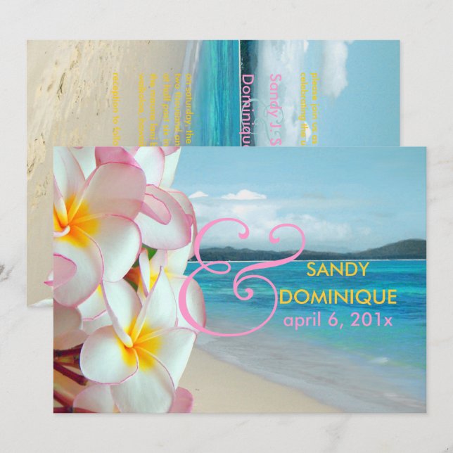 Invitation PixDezines Plumeria rose/plage/mariage tropical (Devant / Derrière)