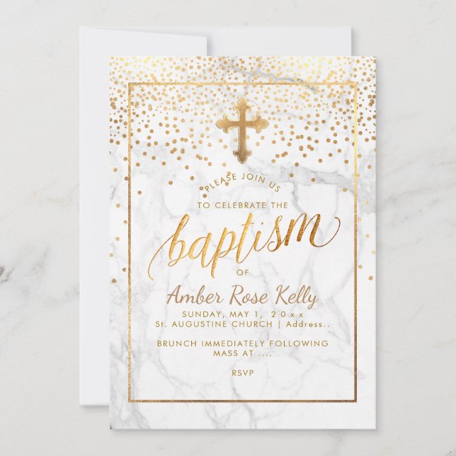 Invitation PixDezines Points Marble+Faux Gold/Baptême (Devant)