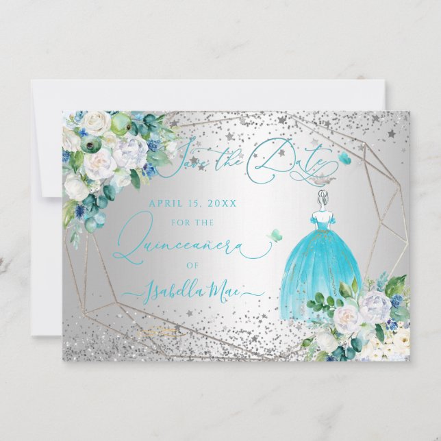 Invitation PixDezines Quinceanera Aqua Blue Robe Enregistrer  (Devant)