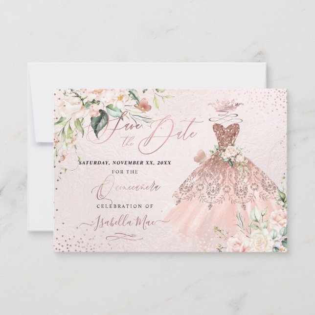 Invitation PixDezines Quinceanera Enregistrer la date Rose or (Devant)