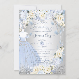 Invitation PixDezines Quinceanera H2 Fleurs Roses Bleu Poussi
