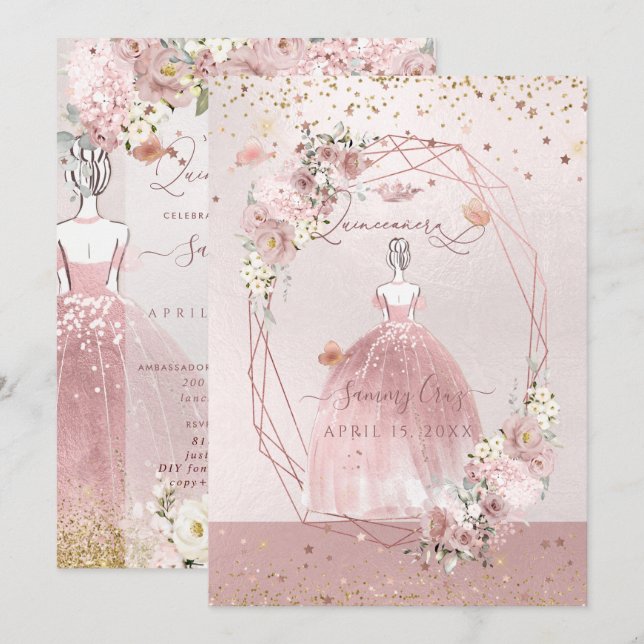 Invitation PixDezines Quinceanera Rose Gold H2 Fleurs Dusty (Devant / Derrière)