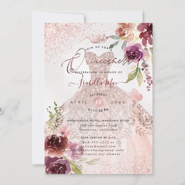 Invitation PixDezines Quinceanera Rose Gold Parties scintilla (Dos)