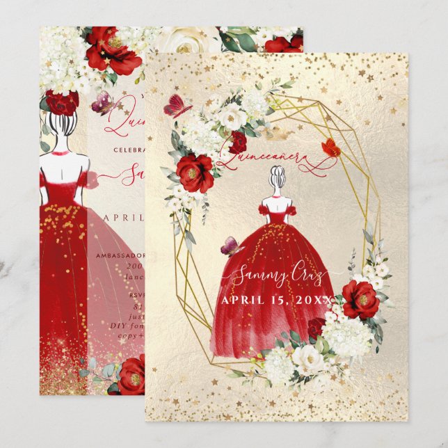 Invitation PixDezines Red Quinceanera H2 Albâtre Roses (Devant / Derrière)