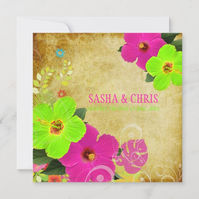 Invitation PixDezines rose chaud+néon vert hibiscus+monstère (Devant)