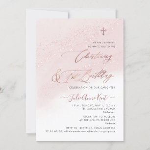 Invitation PixDezines Rose Gold Christening+1er anniversaire