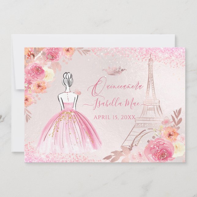 Invitation PixDezines Rose Gold Eiffel Tower Quinceanera (Devant)
