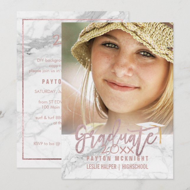 Invitation PixDezines Rose Gold/Marble Graduation (Devant / Derrière)