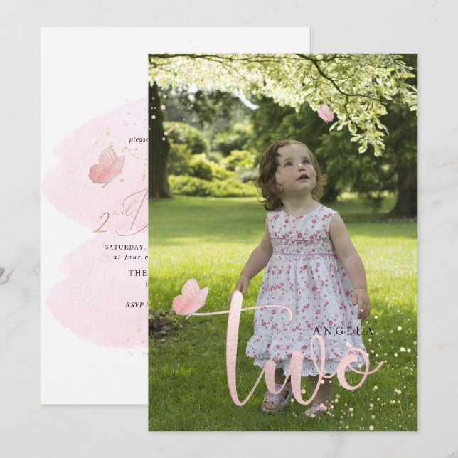 Invitation PixDezines Rose Gold Pink Butterflies Aquarelle (Devant / Derrière)