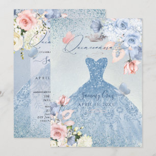 Invitation PixDezines Roses Bleu Poussiéreux Quinceanera Invi