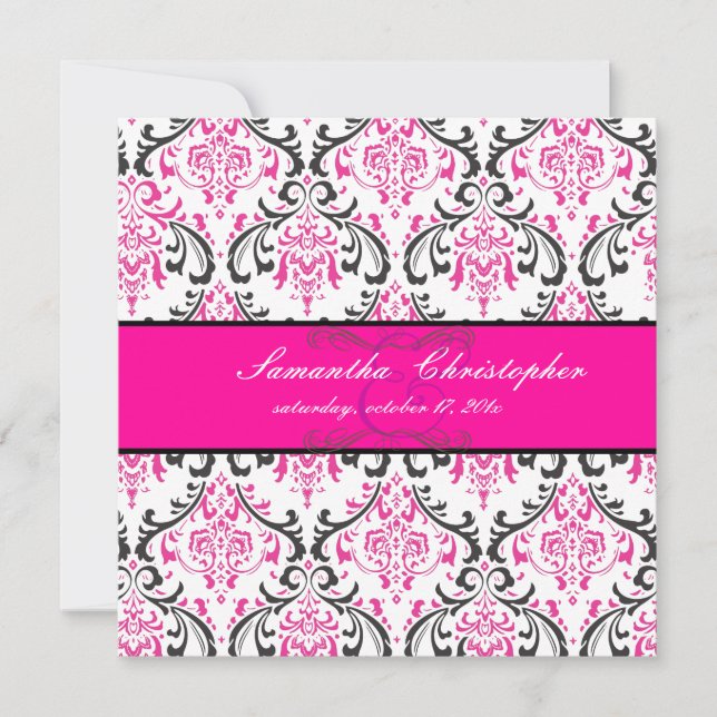 Invitation PixDezines Rossi Damask, Black+Pink (Devant)