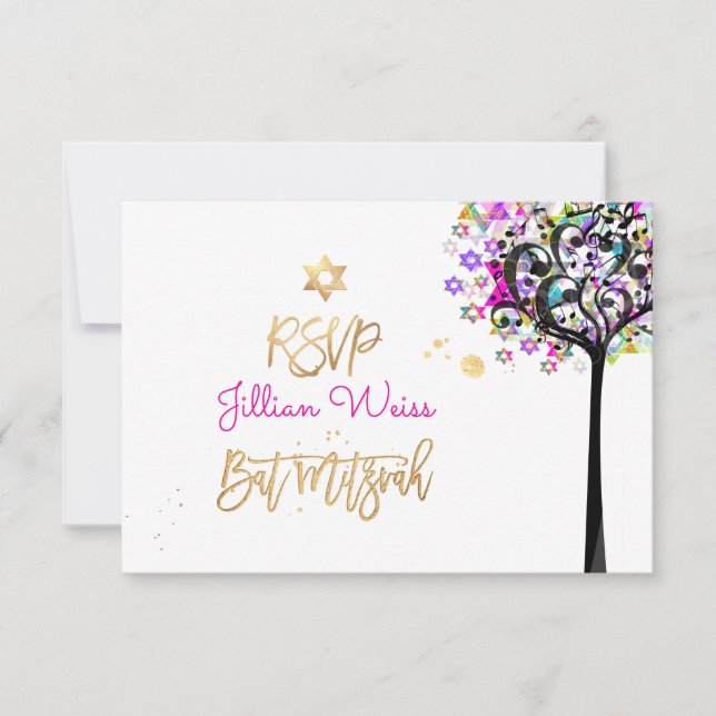 Invitation PixDezines RSVP Arbre de vie Bat mitzvah de musiqu (Devant)