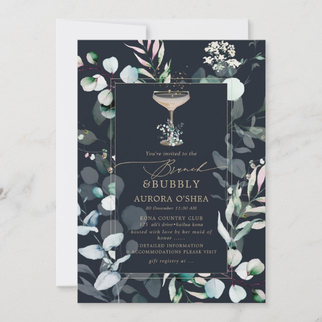 Invitation PixDezines Rustique Eucalyptus Navy Bruncy Bubbly (Devant)