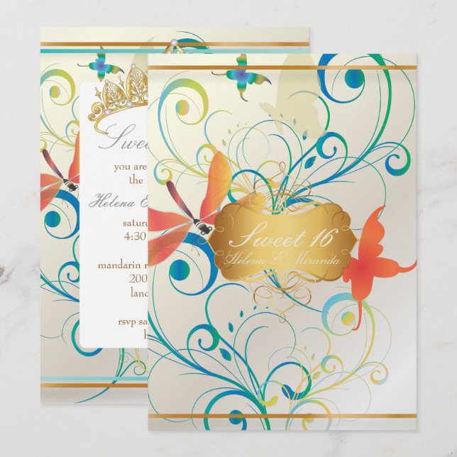 Invitation PixDezines SWEET 16/BOUTTERFLIES/SWIRLS/DRAGONFLIE (Devant / Derrière)