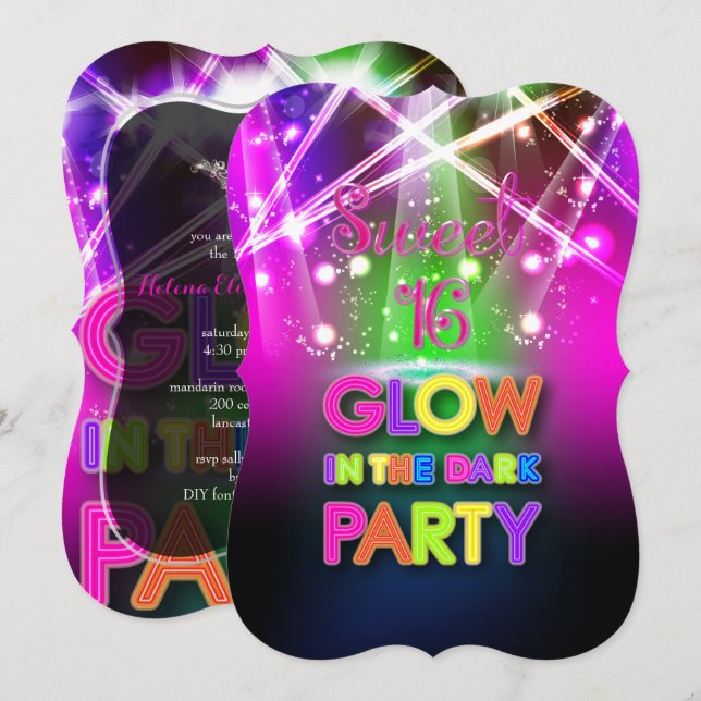 Invitation PixDezines Sweet 16, Laser Lights/Glow Party (Devant / Derrière)