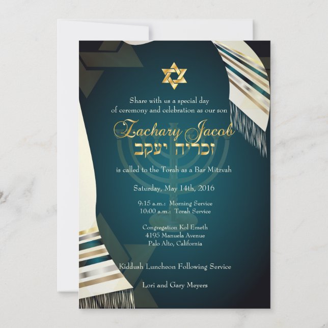 Invitation PixDezines Tallit Bar Mitzvah/Turquoise/Gold (Dos)
