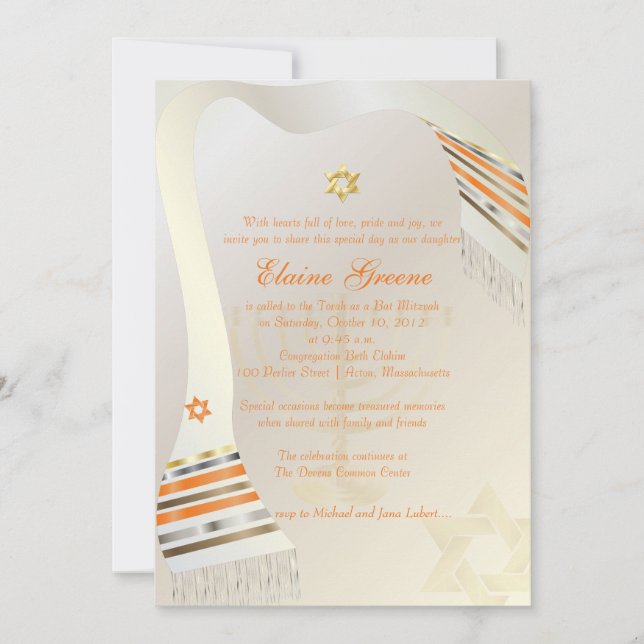 Invitation PixDezines Tallit/Bat mitzvah élégant/or (Devant)