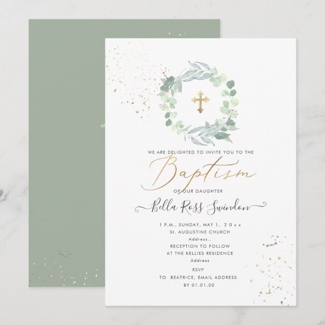 Invitation PixDezines Verdure Aquarelle Eucalyptus Baptême (Devant / Derrière)